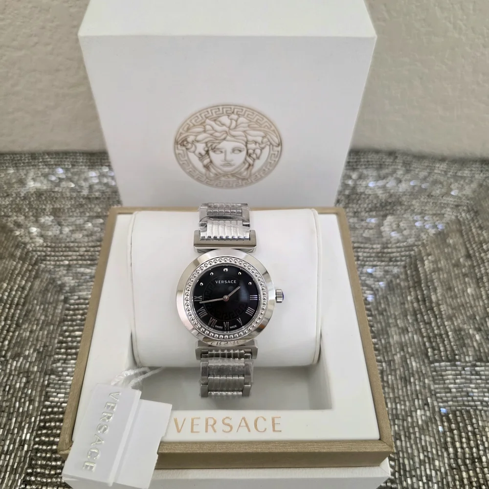 NEW Versace Swiss Made Stainless Black Dial Silver Bracelet Women's Wristwatch